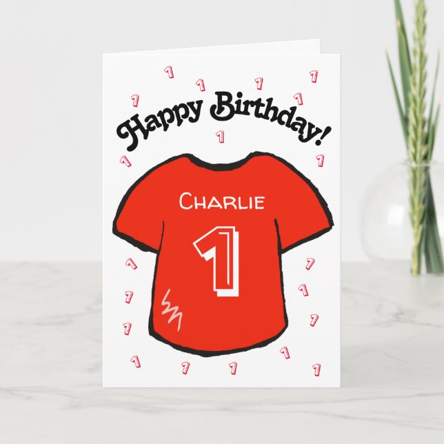 boy's 1st birthday red football shirt card (Front)