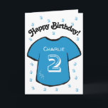 boy's 2nd birthday blue football shirt card<br><div class="desc">Personalized boy's 2nd birthday card with a blue football/ soccer shirt design.
A lovely and fun card for a son or grandson who is turning two.  
If desired,  the card can be customized any age and your own message,  as well as the child's name can be included.</div>