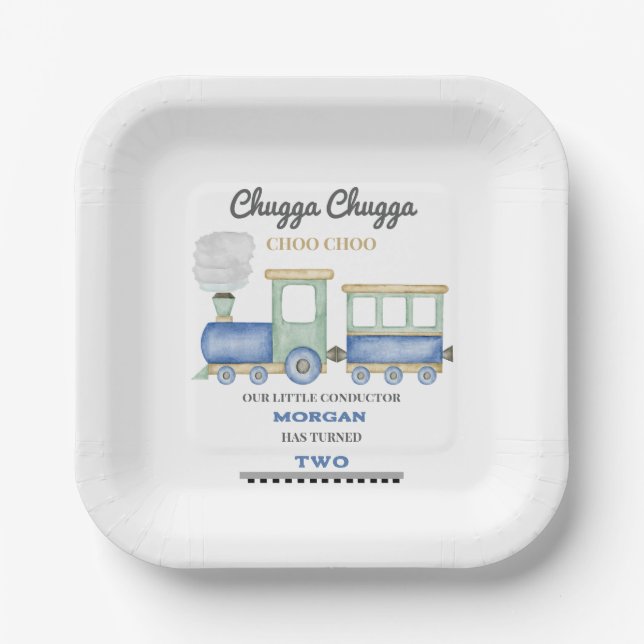 Boy's 2nd Birthday Blue Train Chugga Choo   Paper Plate (Front)