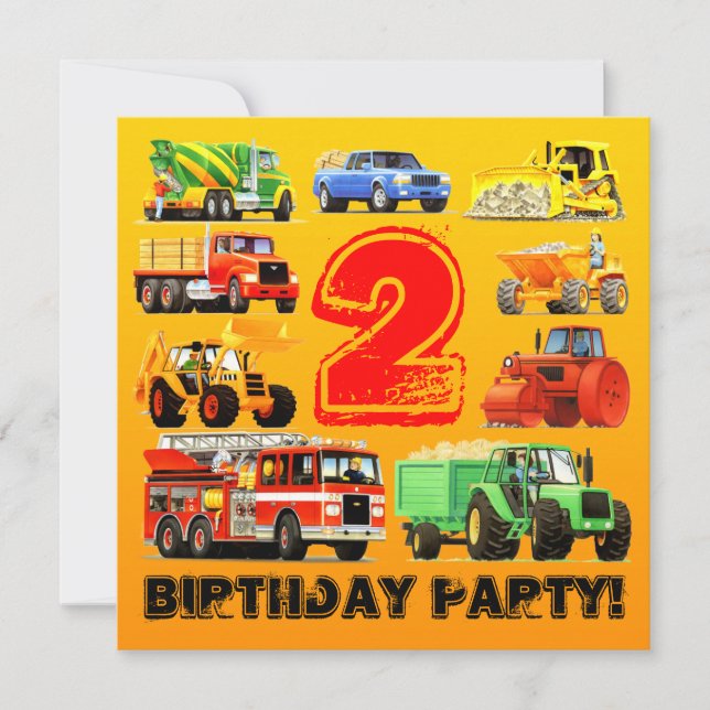 Boys 2nd Birthday Construction Truck Party Invitation (Front)