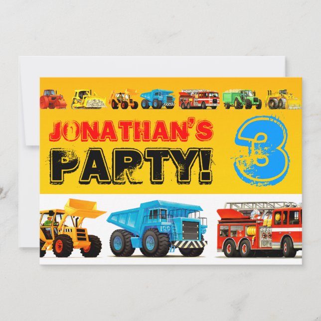 Boys 3rd Birthday Construction Truck Party Invitation (Front)