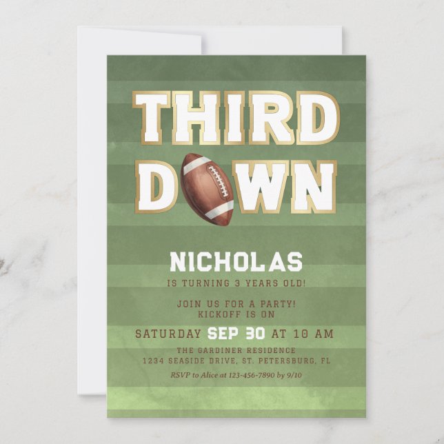 Boys 3rd Birthday Football Third Down Invitation (Devant)