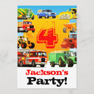 Boys 4th Birthday Construction Trucks Party Invitation