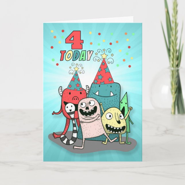 Boys 4th Birthday Red and Blue Cartoon Monsters Holiday Card (Front)