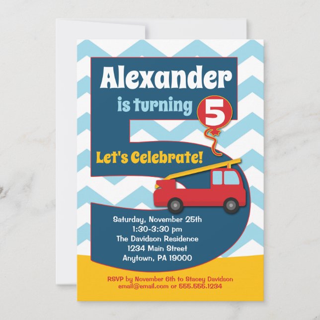 Boys 5e anniversaire Invitation Camion d'incendie (Devant)