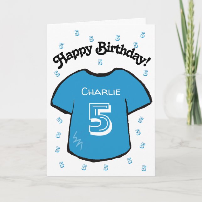 boy's 5th birthday blue football shirt card (Front)