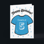 boy's 5th birthday blue football shirt card<br><div class="desc">Personalized boy's 5th birthday card with a blue football/ soccer shirt design.
A lovely and fun card for a son,  grandson or nephew who is turning five.  
If desired,  the card can be customized any age and your own message,  as well as the child's name can be included.</div>