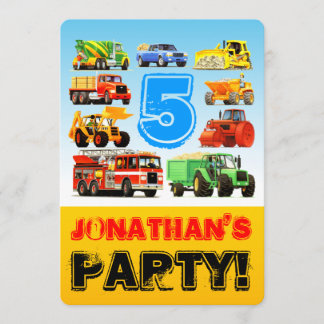 Boy's 5th Birthday Construction Truck Party Invitation