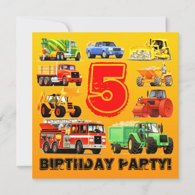 Boy's 5th Birthday Construction Truck Party Invitation (Front)