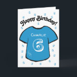 boy's 6th birthday blue football shirt card<br><div class="desc">Personalized boy's 6th birthday card with a blue football/ soccer shirt design.
A lovely and fun card for a son,  grandson or nephew who is turning six.  
If desired,  the card can be customized any age and your own message,  as well as the child's name can be included.</div>