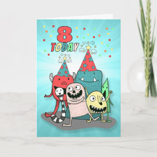 Boys 8th Birthday Red and Blue Cartoon Monsters Holiday Card