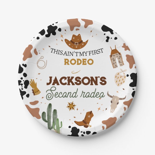 Boys Ain't My First Rodeo Cowboy 2nd Birthday Paper Plate (Front)