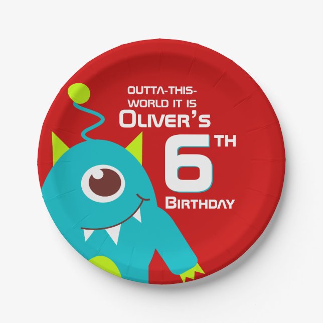 Boys alien 6th birthday customized plate (Front)