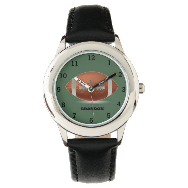 Boys American Football Soccer Ball Black Name Kids Watch (Front)