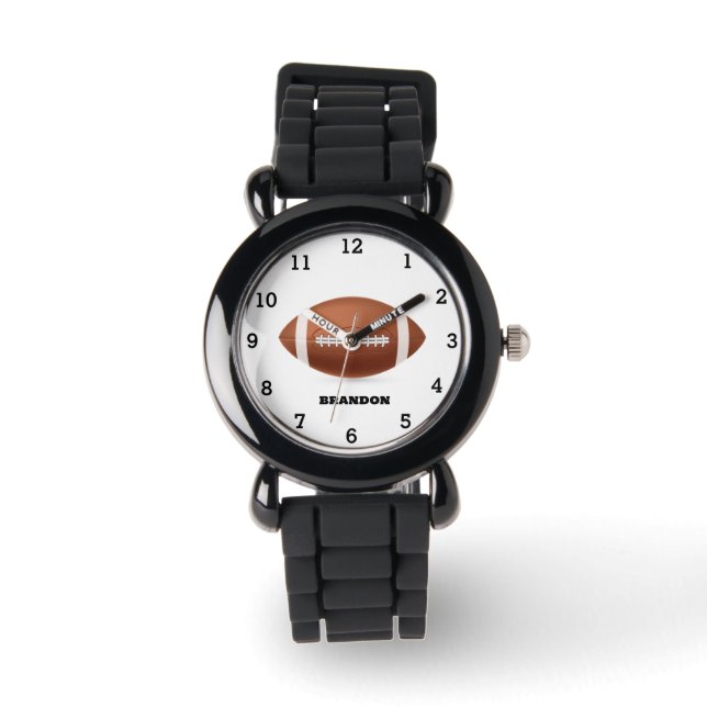 Boys American Football Soccer Ball Black Name Kids Watch (Front)