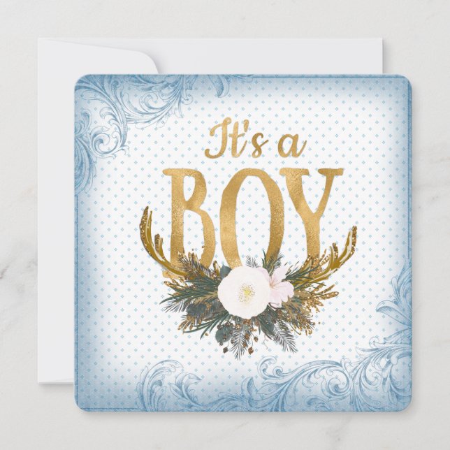Boys Antler Baby Shower Blue and Gold Invitation (Front)