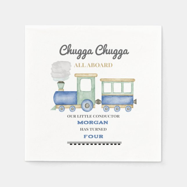 Boy's Any Age Birthday Blue Train Chugga Choo   Napkin (Front)
