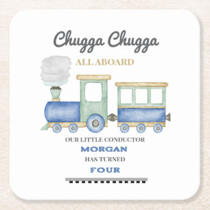 Boy's Any Age Birthday Blue Train Chugga Choo   Square Paper Coaster