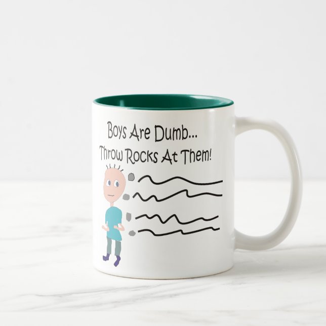 Boys are Dumb "Throw Rocks At Them!" Two-Tone Coffee Mug (Right)