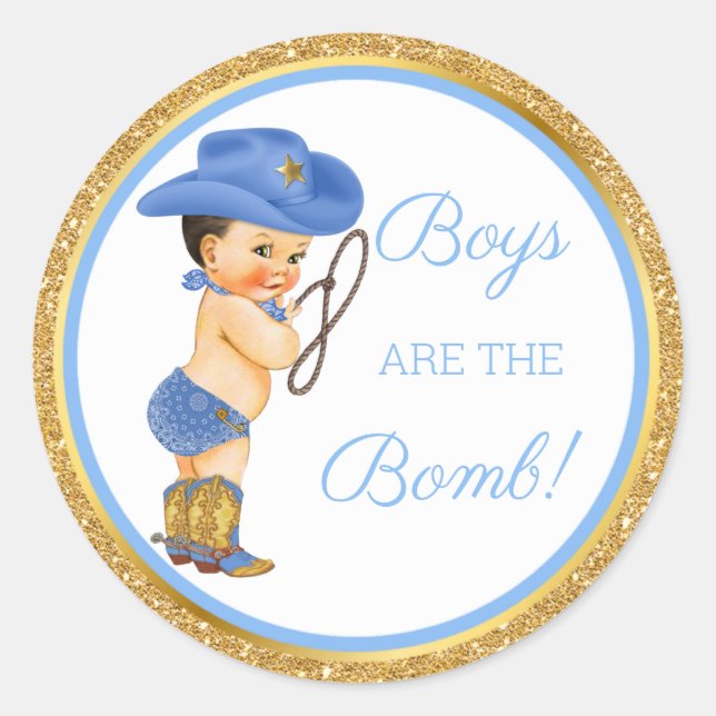 Boys are the Bomb! Cowboy Bath Gift Etc Blue Gold Classic Round Sticker (Front)