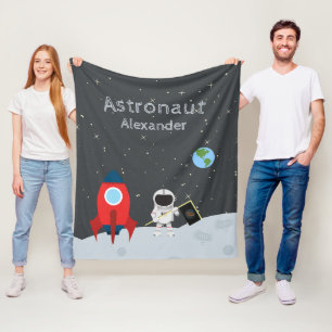 Boy's Astronaut on Moon, Monogrammed First Name Fleece Blanket