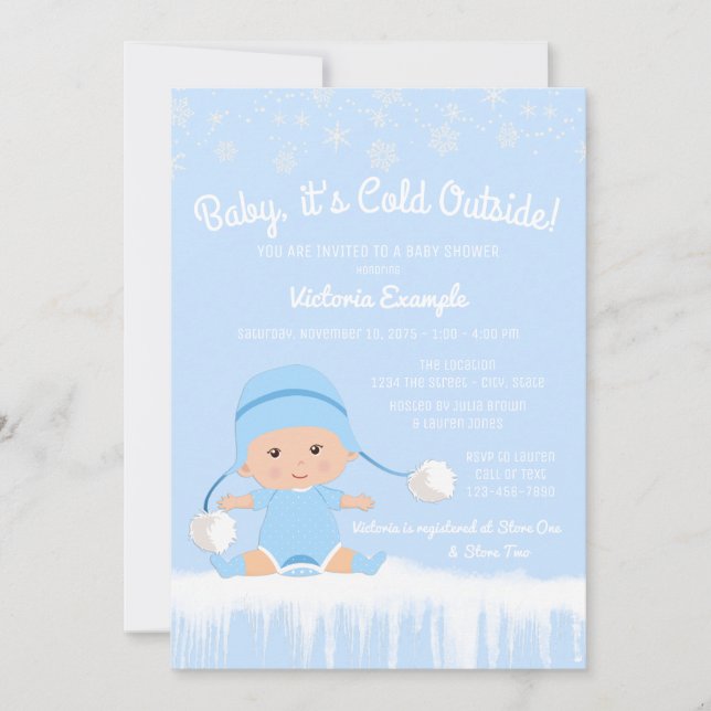 Boys Baby its Cold Outside Blue Winter Baby Shower Invitation (Front)