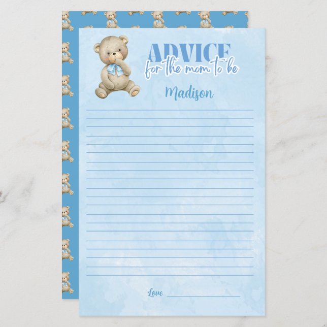 Boys Balloon Bear Advice For Mom Shower Game (Front/Back)