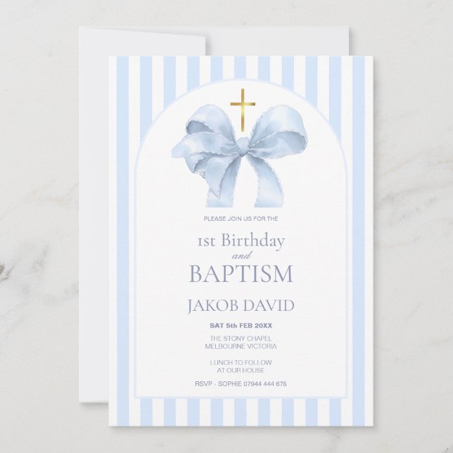 Boy's Baptism and 1st Birthday Blue Stripe Invitation (Front)