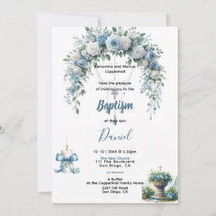 Boy's Baptism Blue Floral Invitation