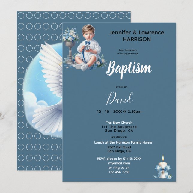 Boy's Baptism Blue Personalized Invitation (Front/Back)