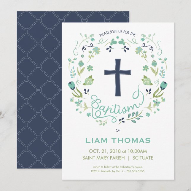Boy's Baptism Invitation w/ Cross, Customize (Front/Back)