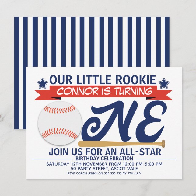 Boy's Baseball 1st Birthday Party Invitation (Front/Back)