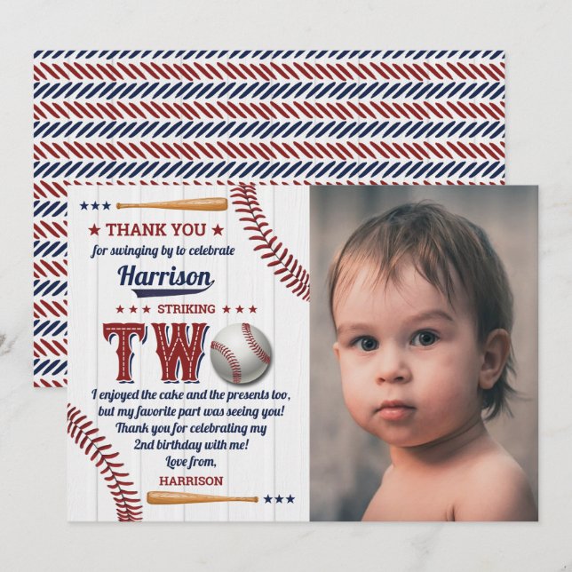 Boys Baseball 2nd Birthday Photo Thank You Card (Front/Back)