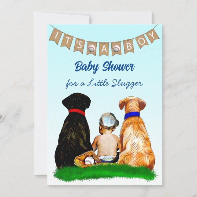 Boy's Baseball and Dogs Themed Baby Shower Invitation (Front)