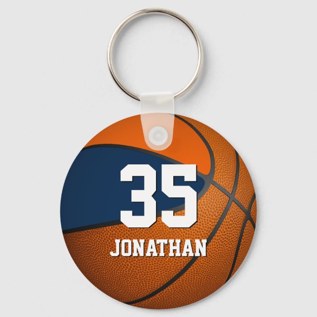 boys basketball w blue and orange team colours keychain (Front)