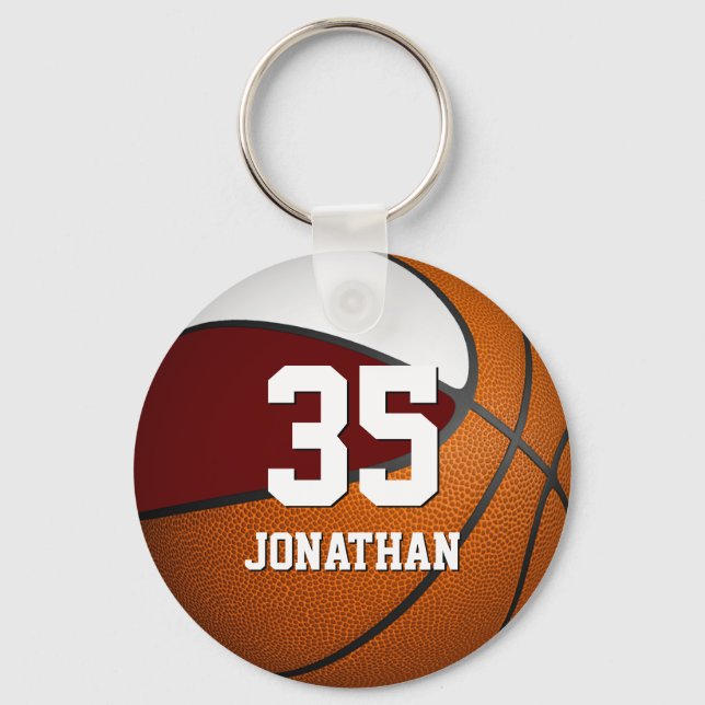 boys basketball w maroon and white team colours keychain (Front)