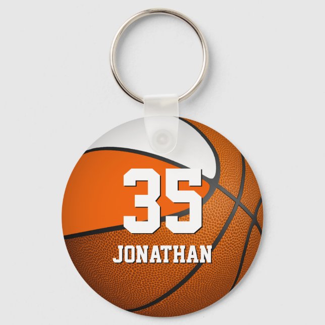 boys basketball w orange and white team colours keychain (Front)