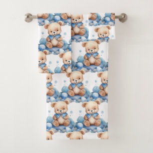 Boy's Bath Towel Set Blue Teddy Bears Bathtime