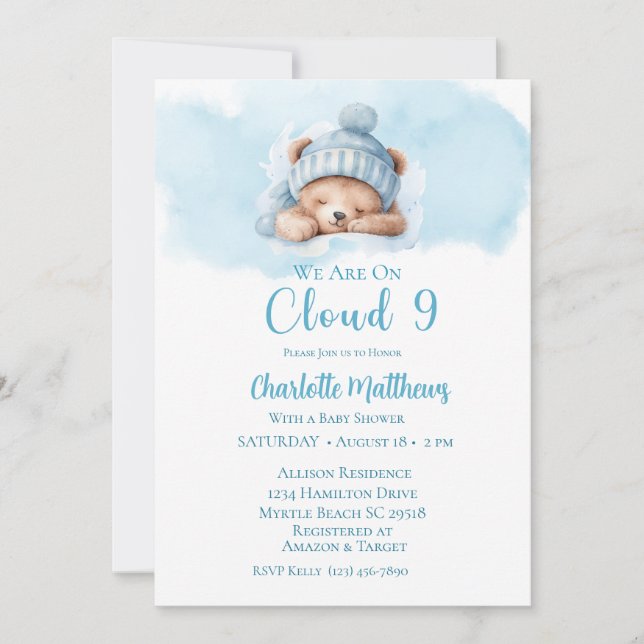 Boys Bear Bear Cloud Nine 9  Baby Shower   Invitation (Front)
