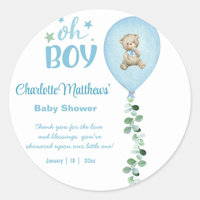 Boys  Bear  Blue Balloon Eucalyptus  Baby Shower   Classic Round Sticker (Front)