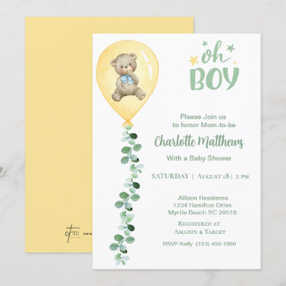 Boys Bear Yellow Balloon Eucalyptus  Baby Shower   Invitation