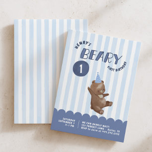 Boys Beary 1st Birthday Whimsical Blue Stripe Invitation