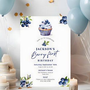 Boy's Berry First Birthday Watercolor Blueberries Invitation