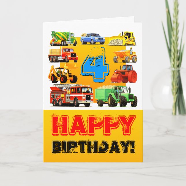 Boy's Big Construction Truck 4th Birthday Card (Front)