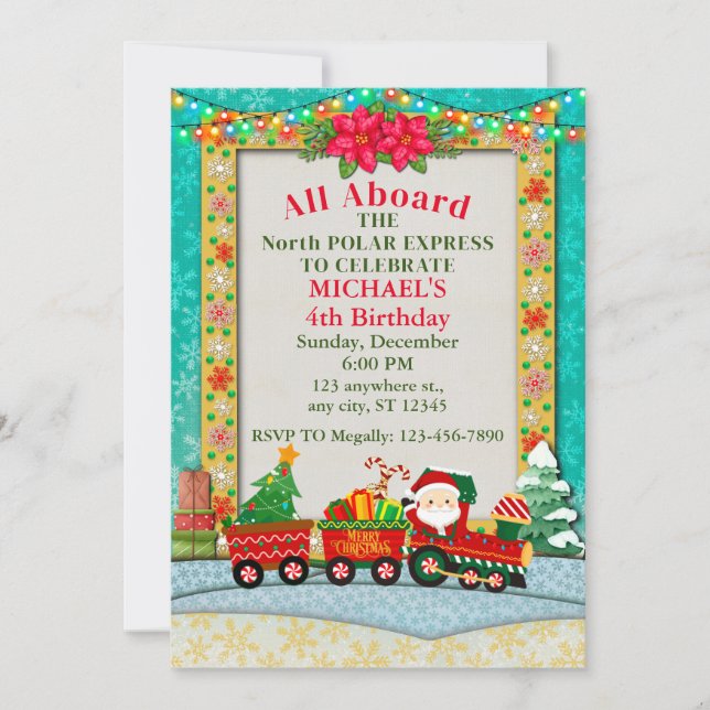 Boy's Birthday and Santa Claus in Train  Invitation (Front)