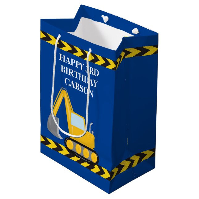 Boys Birthday Blue Construction Vehicle Custom Medium Gift Bag (Front Angled)
