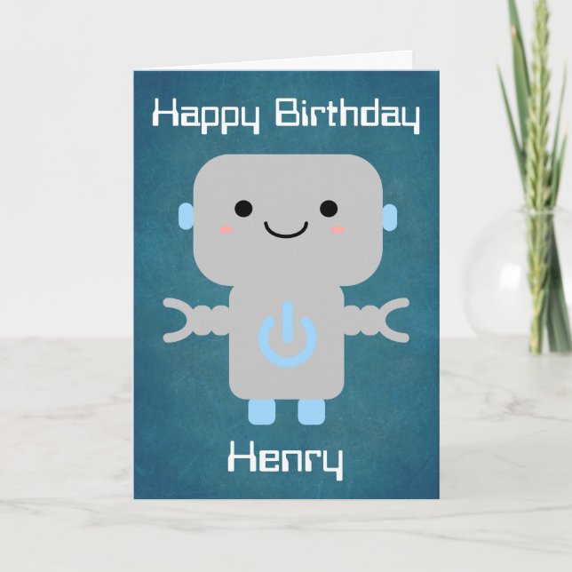 Boys Birthday Cute Cartoon Robot Blue Card (Front)