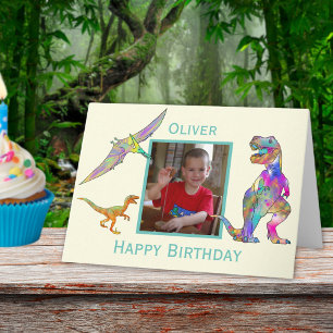 Boys Birthday Dinosaur Colorful T Rex Add Photo Card
