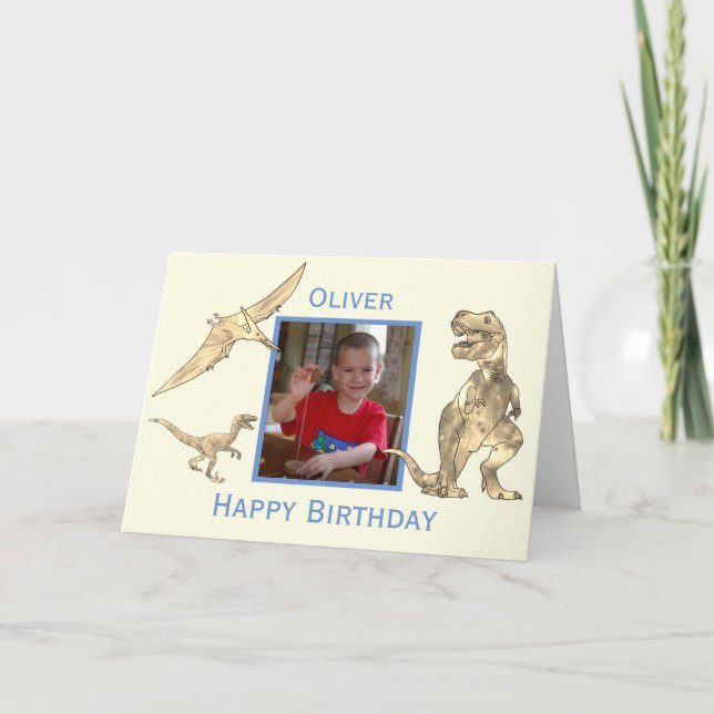 Boys Birthday Dinosaurs T Rex Add Photo and Name Card (Front)