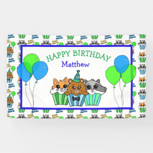 Boy's Birthday Fox, Raccoon and Bear Cupcakes Banner